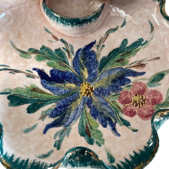 Vintage Italian Hand Craft Pottery Bowl Gold Edges Italy 5485 Blue Red Flower Se - Picture 2 of 8